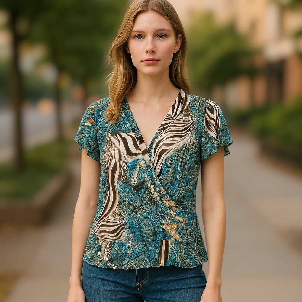 Jessica Cap Sleeve V-Neck Blouse Brown Blue Zebra Paisley Size 1X